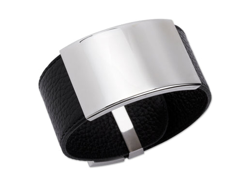 Breites Lederarmband für Herren - schwarz mit Edelstahl Gravurplatte