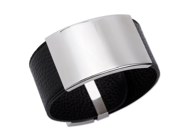 Breites Lederarmband für Herren - schwarz mit Edelstahl Gravurplatte