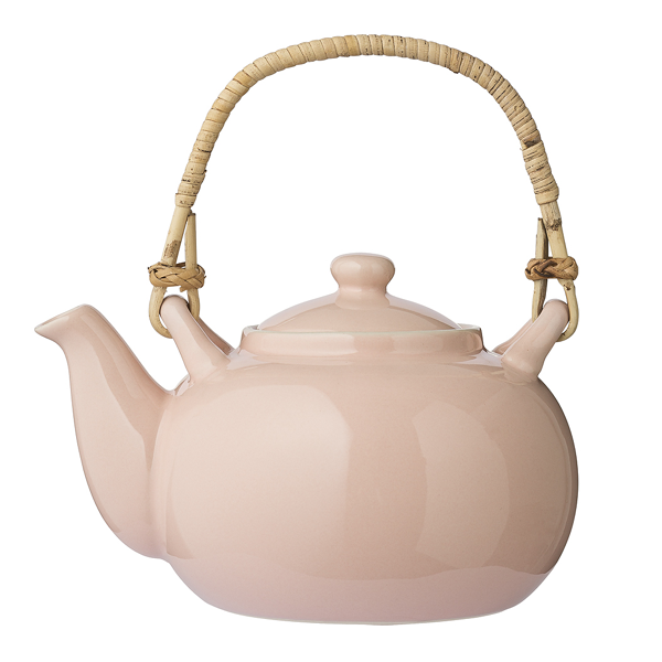 Bloomingville Teekanne Alberte in erdbeer mit Rattanhenkel - Keramikkanne in pastell rosa