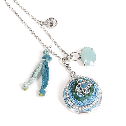 Exoal Collier Medaillon in petrol-silber - silberfarbene Kette mit Anhänger