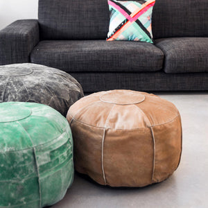 HK Living Leder Pouf türkis -  Sitzkissen aus Leder in grün Oriental Style